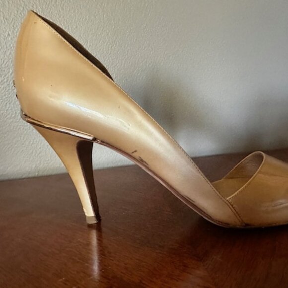 Chanel CC Logo Pearly Gold Patent Leather Cut Out Open Toe Pumps US 9 EU 40 - Picture 5 of 9